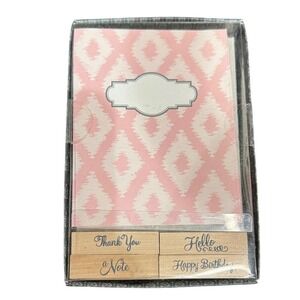 Michaels Notecard and Stamp Set 16pc Pink Ikat Cards Envelopes Wooden Stamps